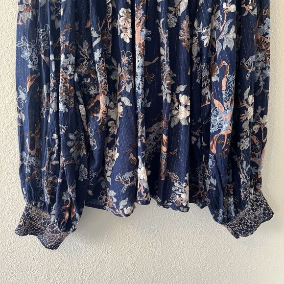 By Anthropologie Women's Blouse Size Large Long Sleeve Blue Floral Smocked Boho - Picture 8 of 12